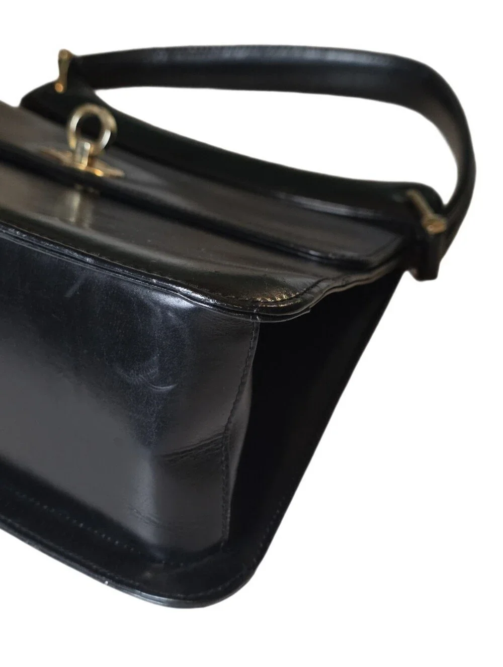 Vintage Black Leather Kelly Style Top Handle Bag Clasp Satchel